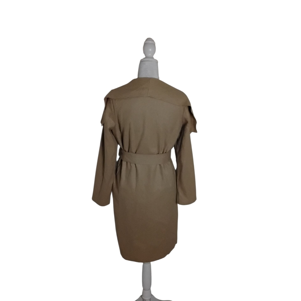 Chicwish Women’s S Camel Brown Waterfall Collar Belted Trench Wrap Coat - Picture 2 of 4